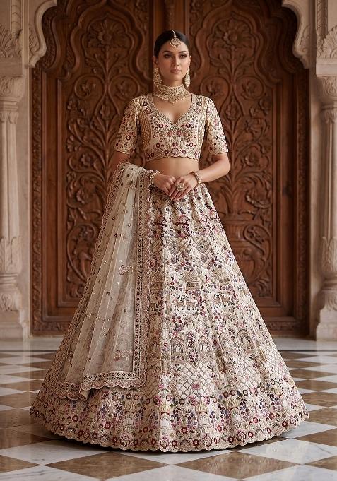 Cream Sequin Work Silk Lehenga Set