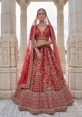 Red Embroidery Silk Lehenga Set