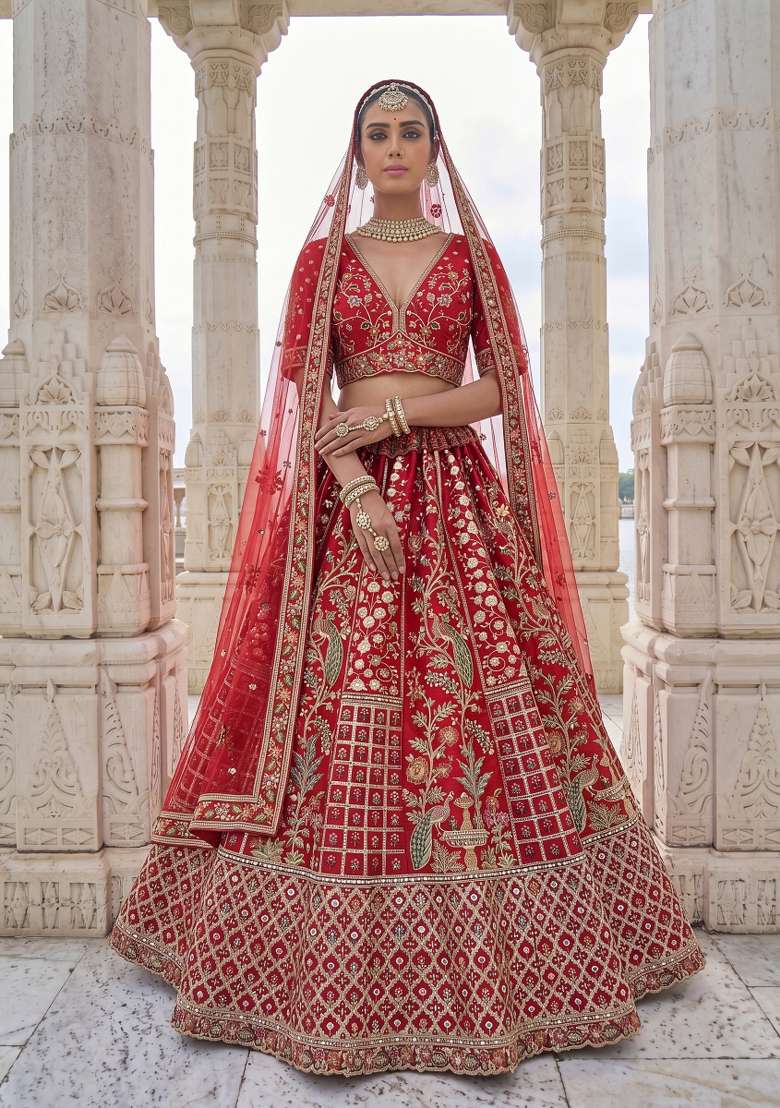 Red Embroidery Silk Lehenga Set - Indya