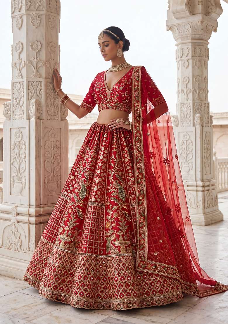 Red Embroidery Silk Lehenga Set - Indya