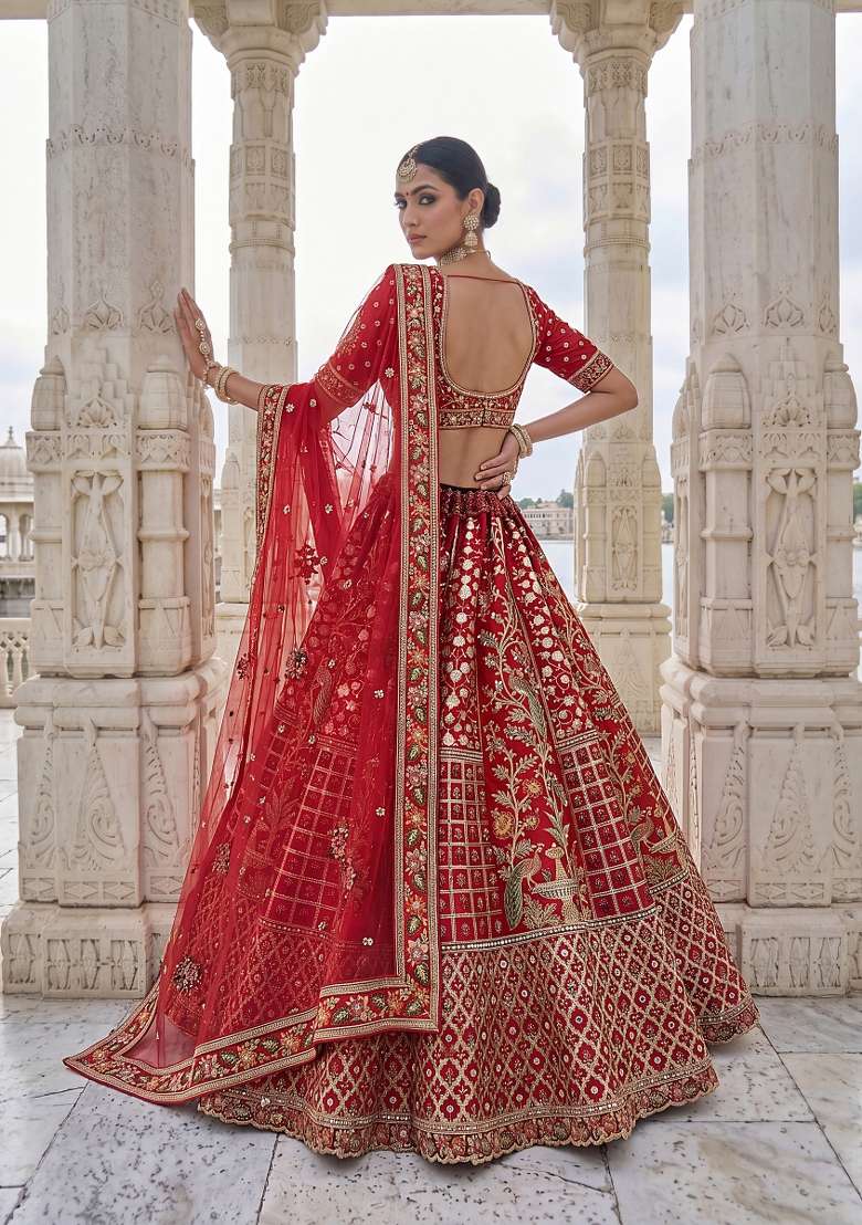 Red Embroidery Silk Lehenga Set - Indya