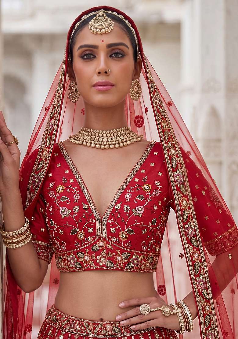 Red Embroidery Silk Lehenga Set - Indya