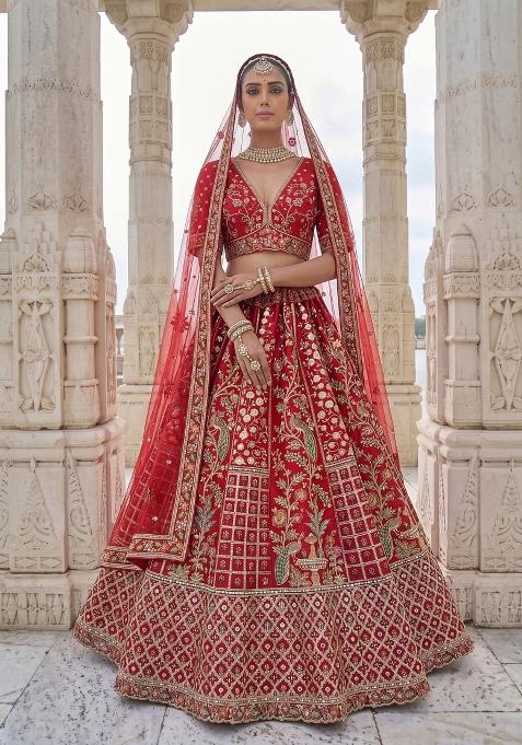 Red Embroidery Silk Lehenga Set