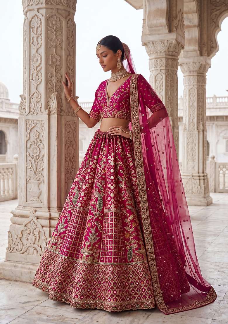 Pink Embroidery Silk Lehenga Set - Indya