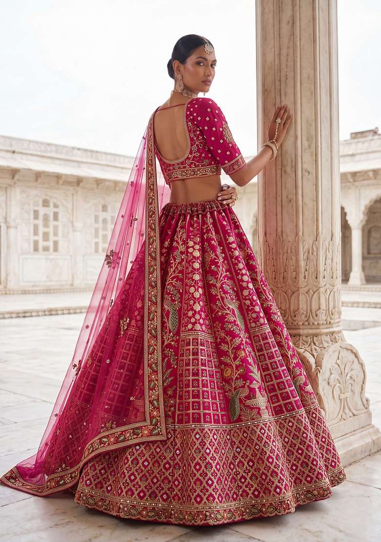 Pink Embroidery Silk Lehenga Set - Indya
