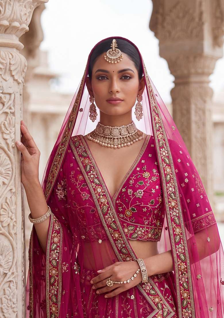 Pink Embroidery Silk Lehenga Set - Indya
