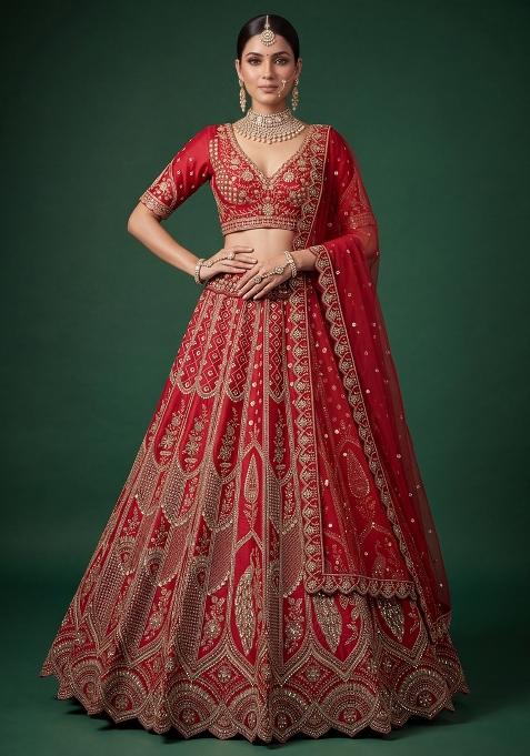 Red Embroidery Silk Lehenga Set