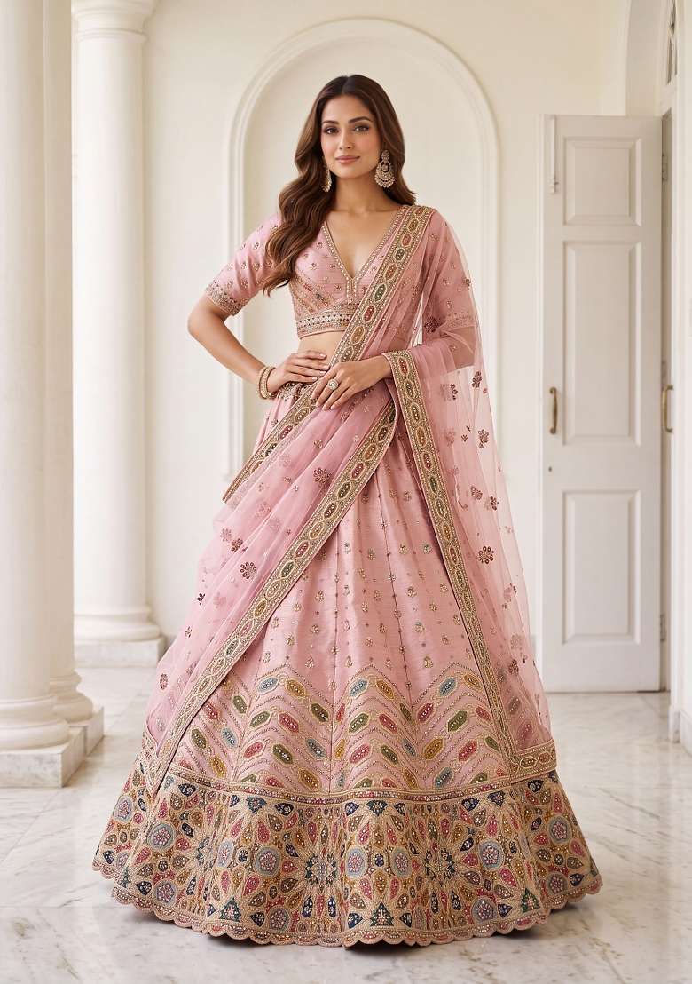 Peach Embroidery Silk Lehenga Set - Indya