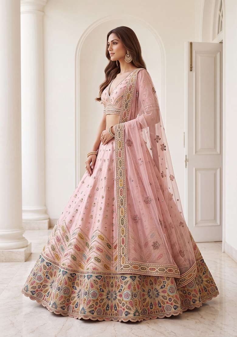 Peach Embroidery Silk Lehenga Set - Indya