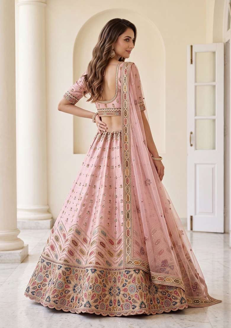 Peach Embroidery Silk Lehenga Set - Indya