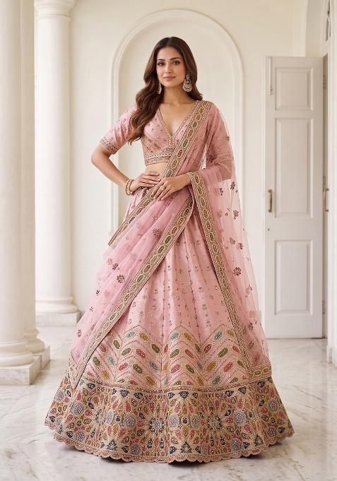 Peach Embroidery Silk Lehenga Set