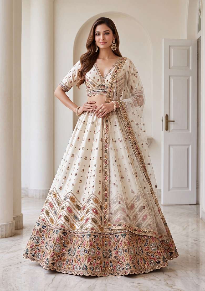 Cream Embroidery Silk Lehenga Set - Indya