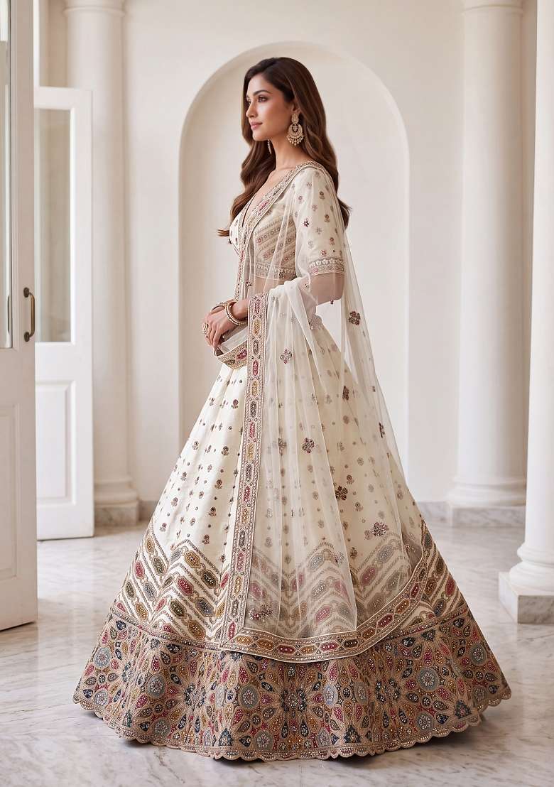 Cream Embroidery Silk Lehenga Set - Indya