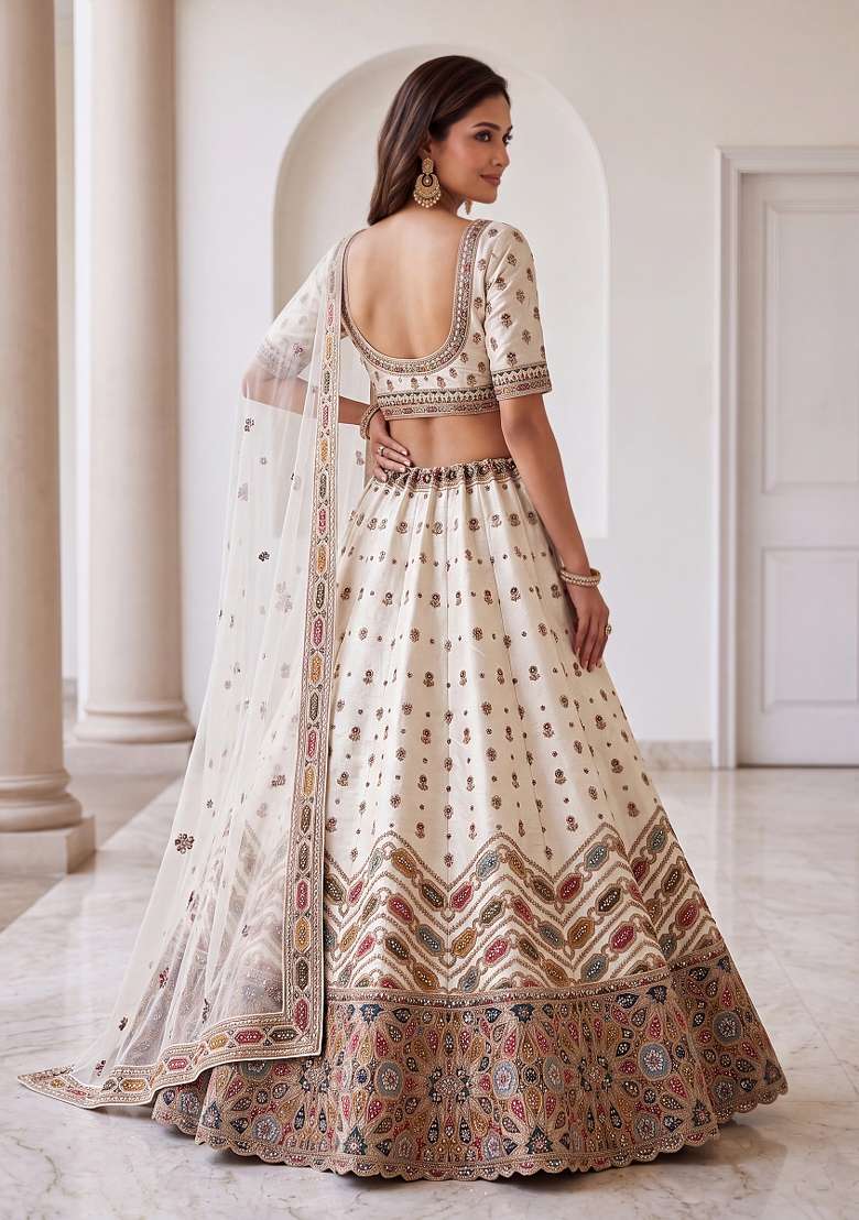Cream Embroidery Silk Lehenga Set - Indya