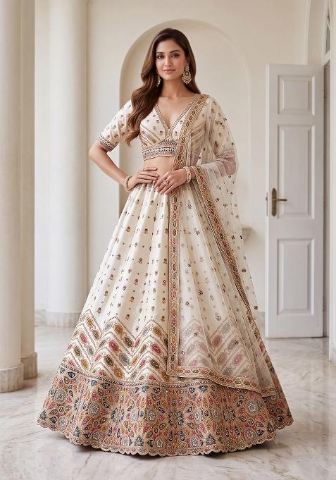 Cream Embroidery Silk Lehenga Set