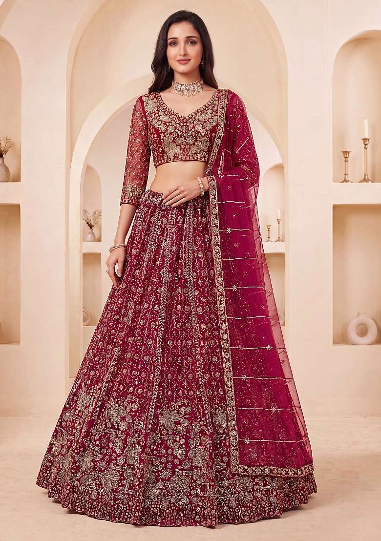 Pink Sequin Work Net Lehenga Set - Indya