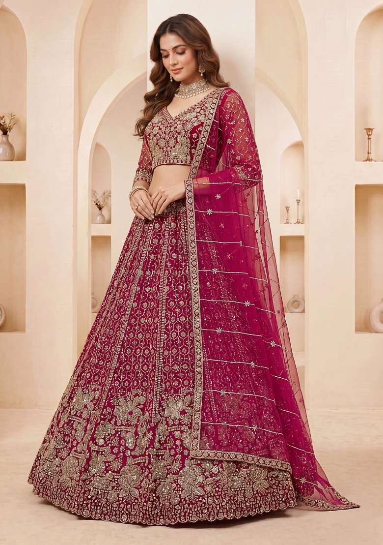 Pink Sequin Work Net Lehenga Set - Indya