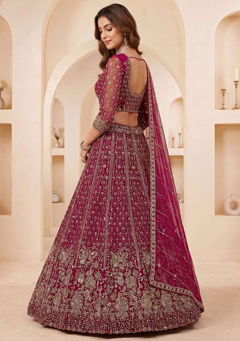 Pink Sequin Work Net Lehenga Set - Indya