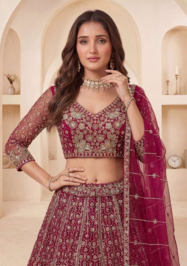 Pink Sequin Work Net Lehenga Set - Indya