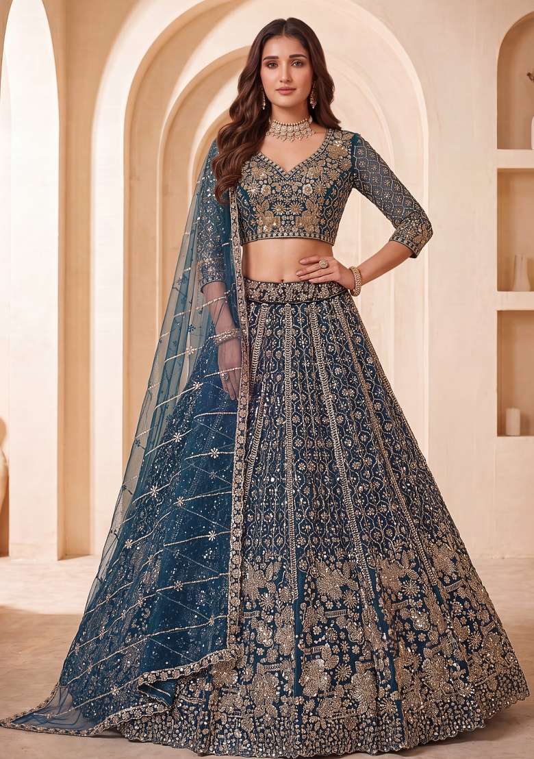 Rama Sequin Work Net Lehenga Set - Indya