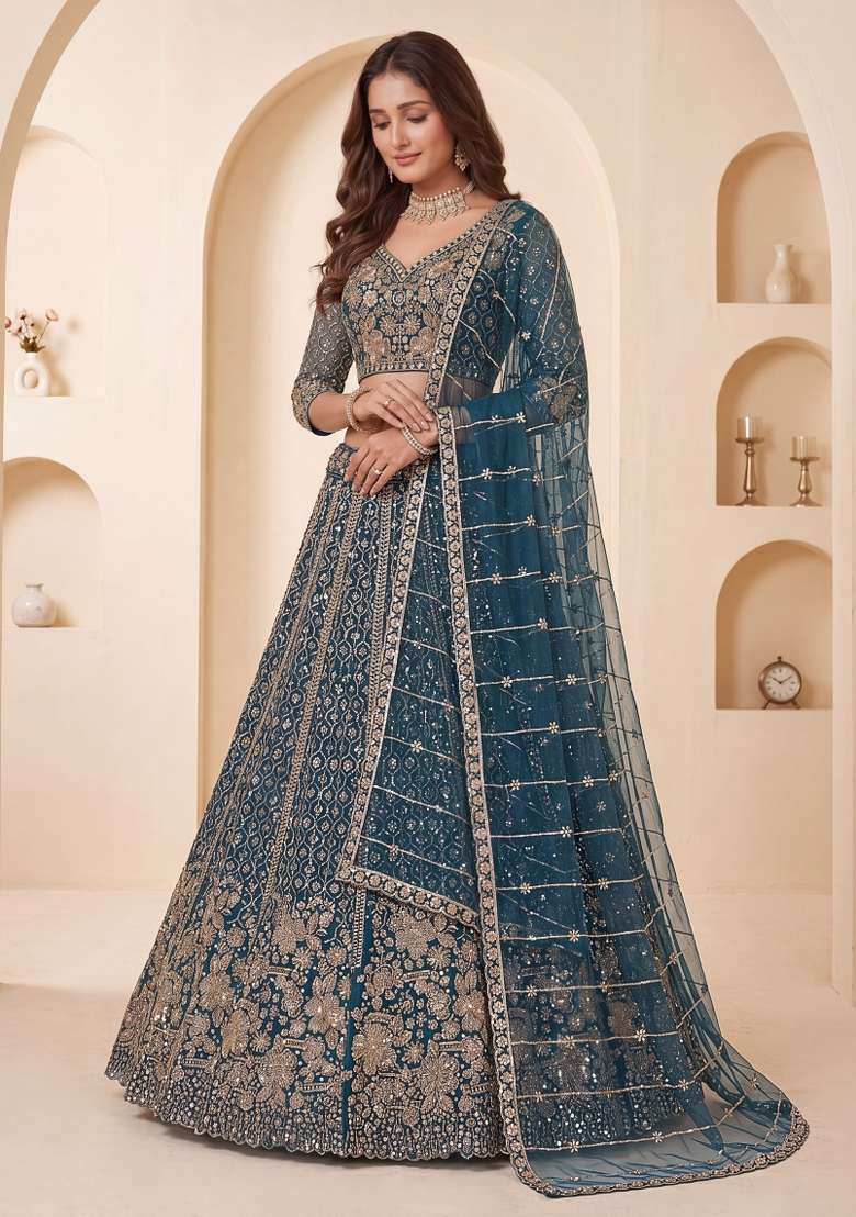 Rama Sequin Work Net Lehenga Set - Indya
