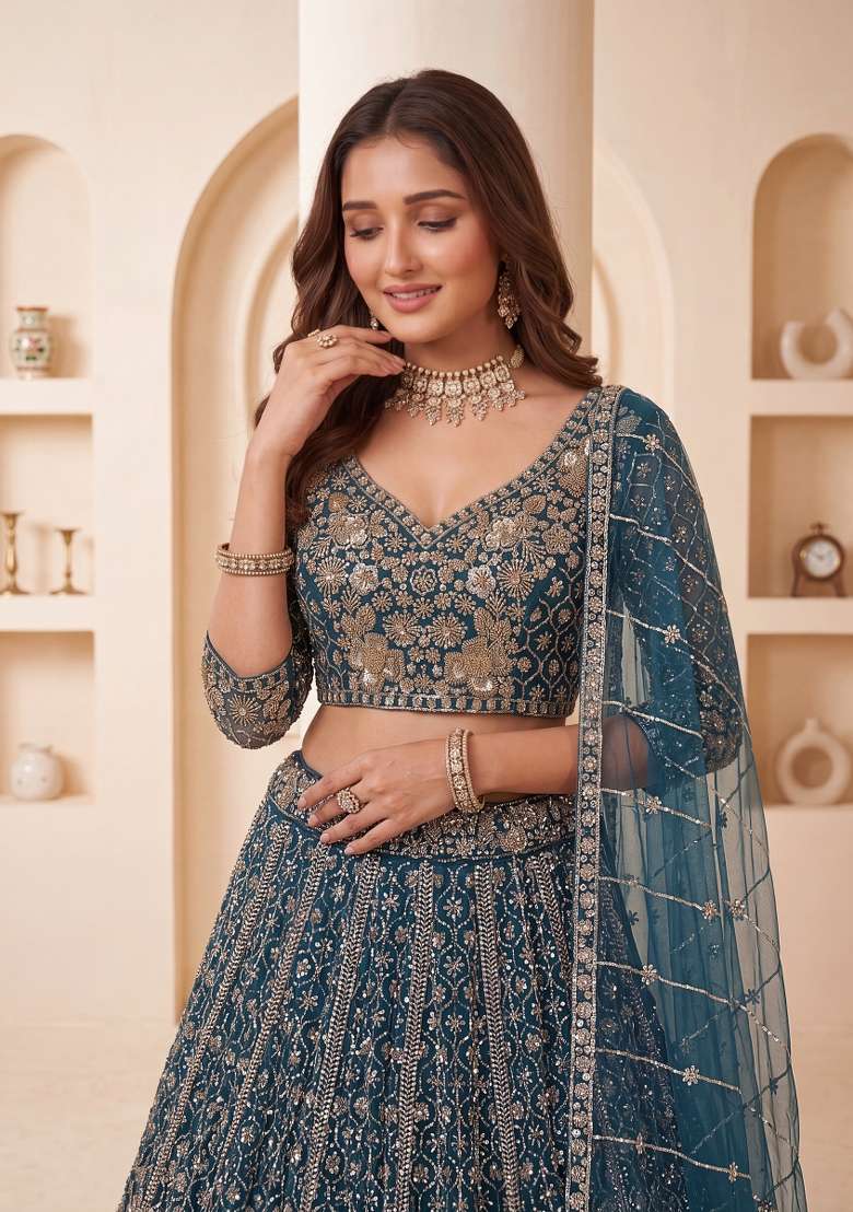 Rama Sequin Work Net Lehenga Set - Indya