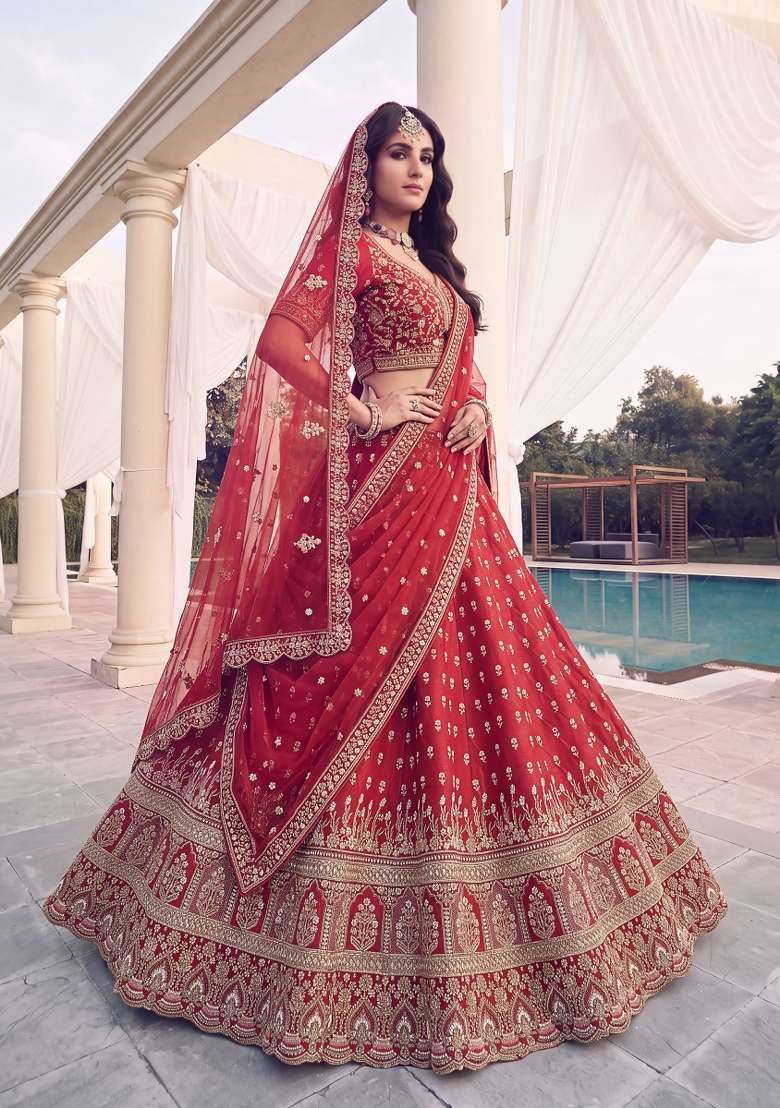 Red Embroidery Silk Lehenga Set - Indya
