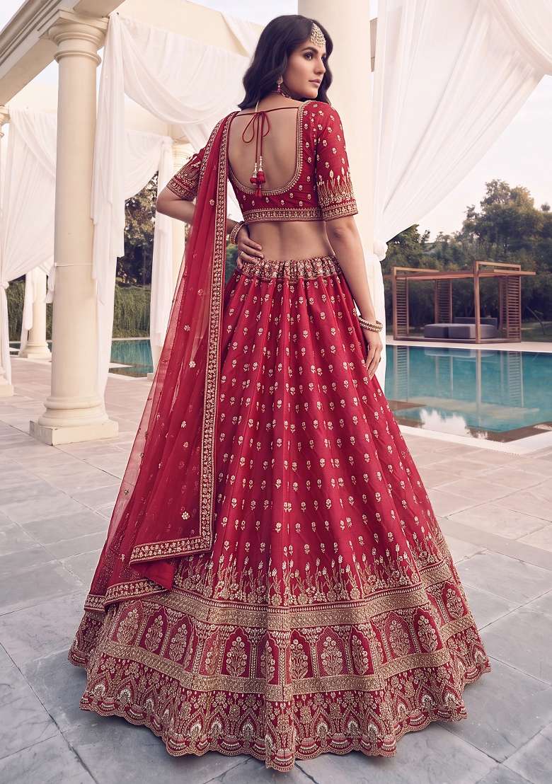 Red Embroidery Silk Lehenga Set - Indya