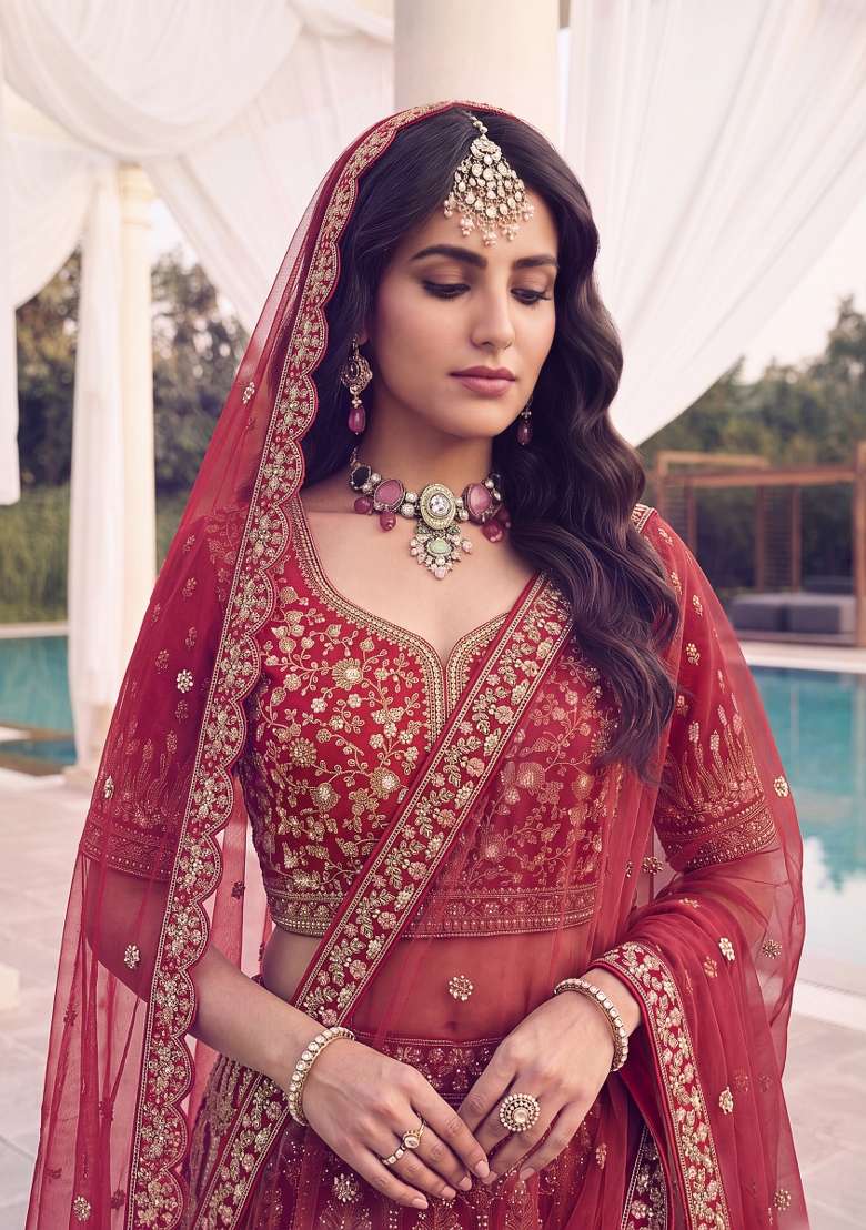 Red Embroidery Silk Lehenga Set - Indya