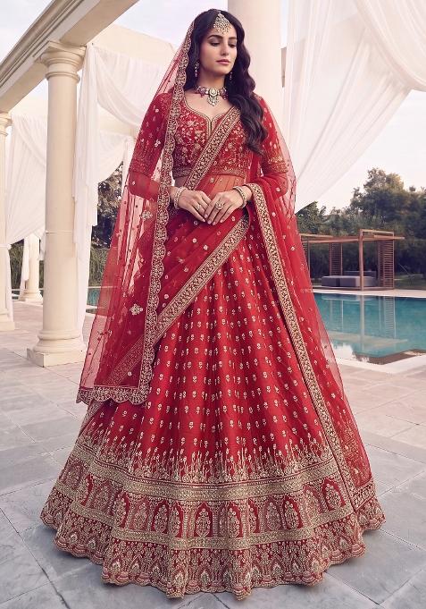 Red Embroidery Silk Lehenga Set