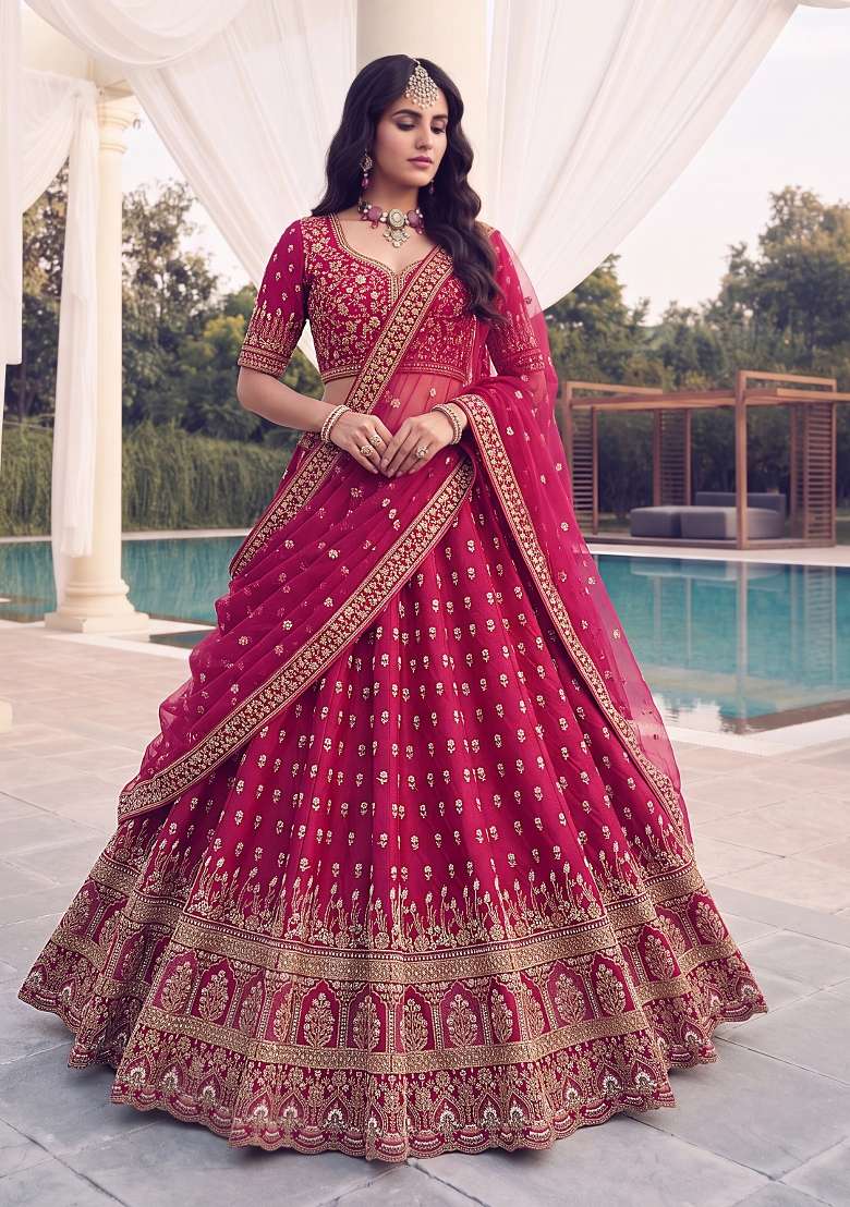 Pink Embroidery Silk Lehenga Set - Indya