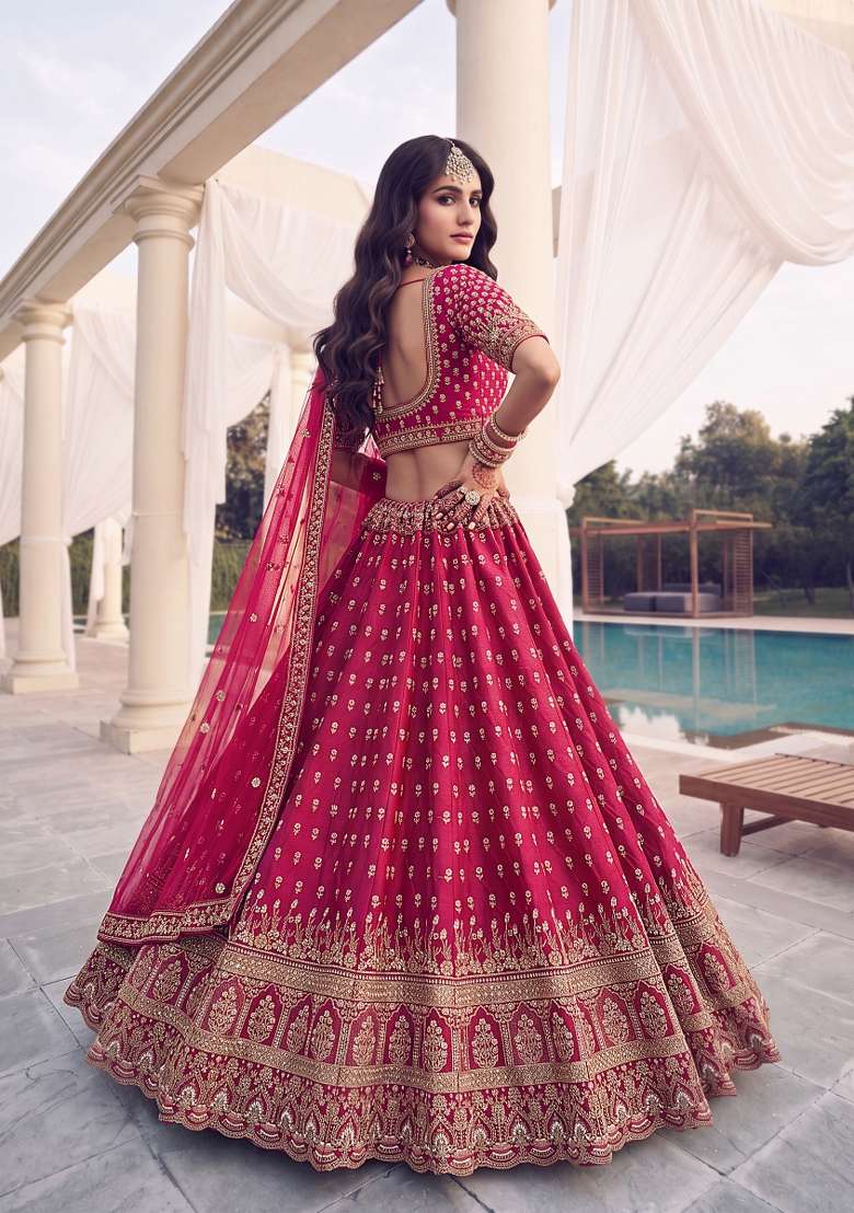 Pink Embroidery Silk Lehenga Set - Indya