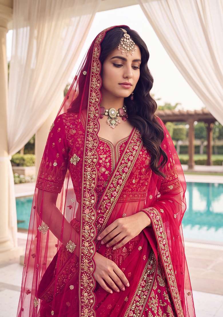 Pink Embroidery Silk Lehenga Set - Indya