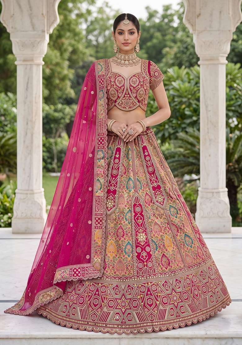 Red Embroidery Silk Lehenga Set - Indya
