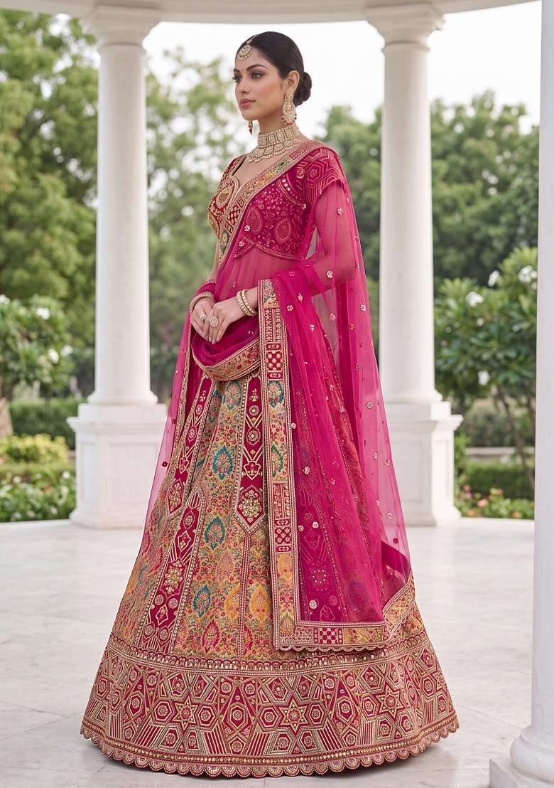 Red Embroidery Silk Lehenga Set - Indya