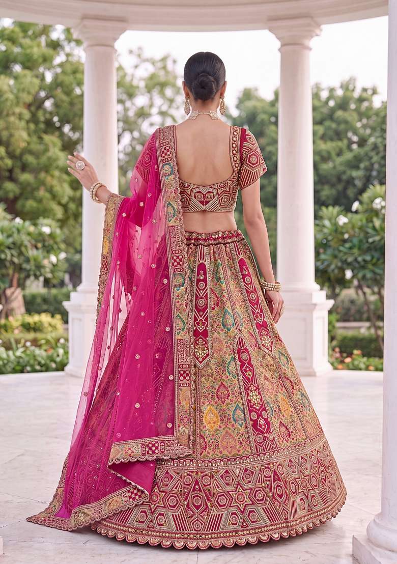 Red Embroidery Silk Lehenga Set - Indya
