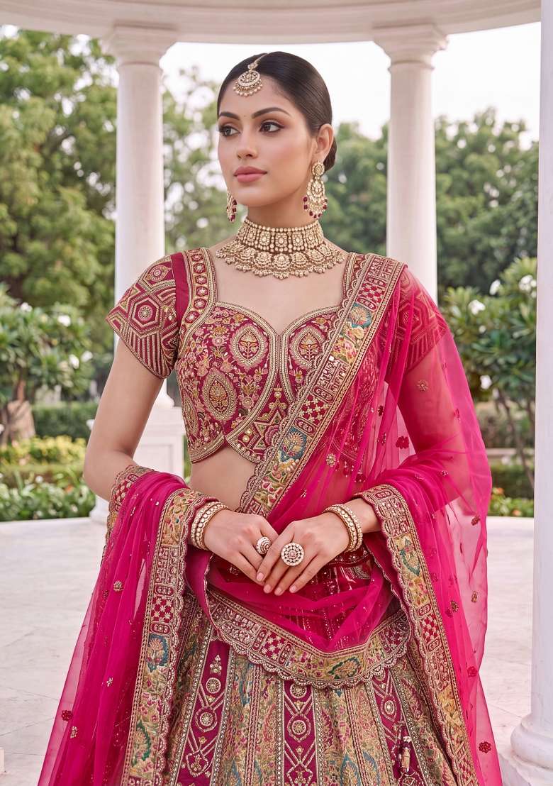 Red Embroidery Silk Lehenga Set - Indya