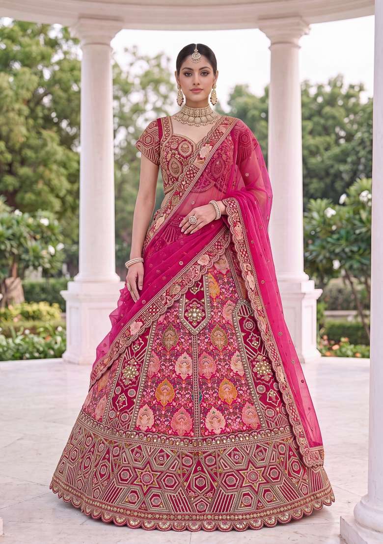 Pink Embroidery Silk Lehenga Set - Indya