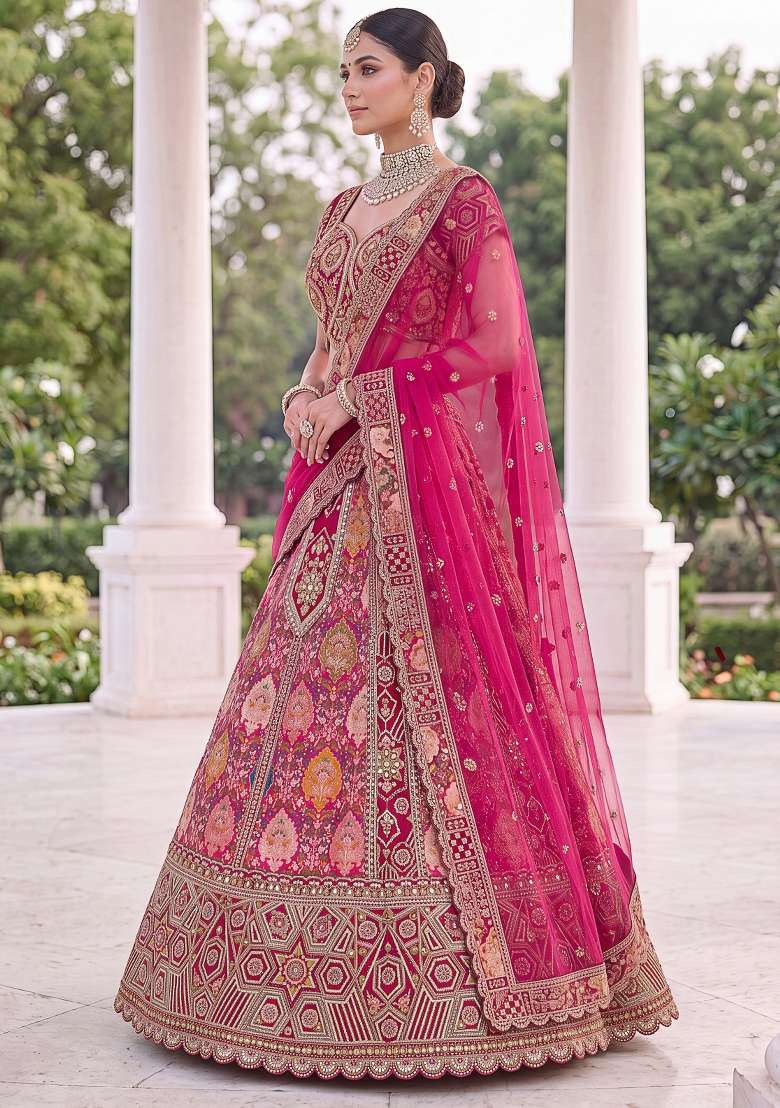 Pink Embroidery Silk Lehenga Set - Indya