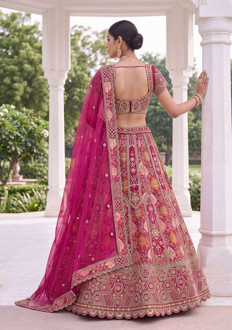 Pink Embroidery Silk Lehenga Set - Indya