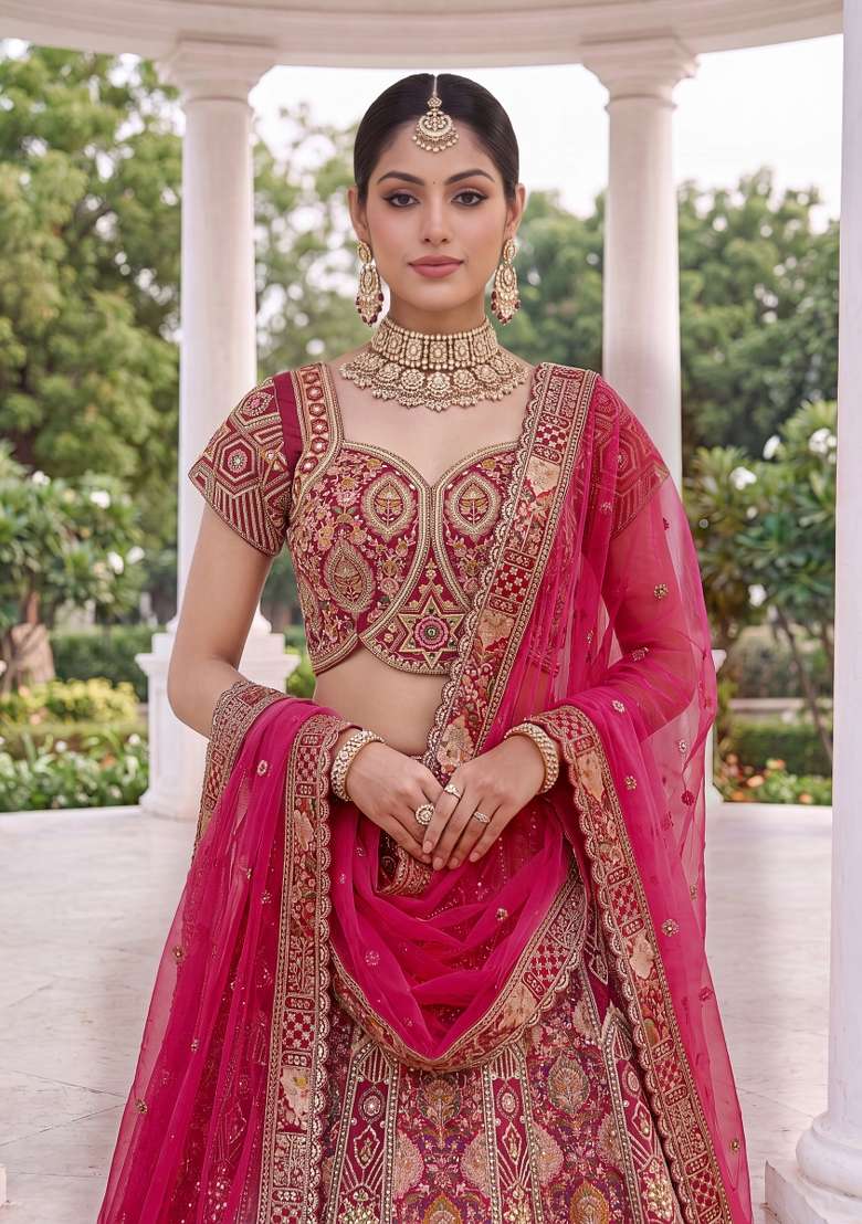 Pink Embroidery Silk Lehenga Set - Indya