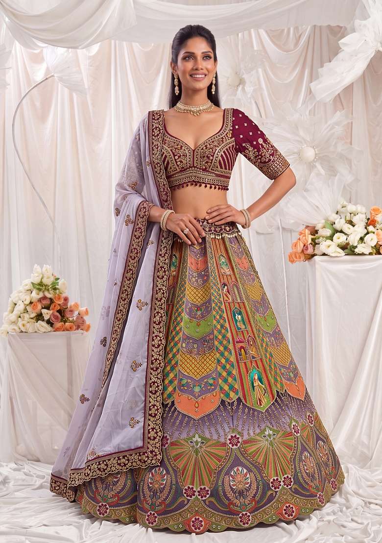 Maroon Embroidery Silk Lehenga Set - Indya