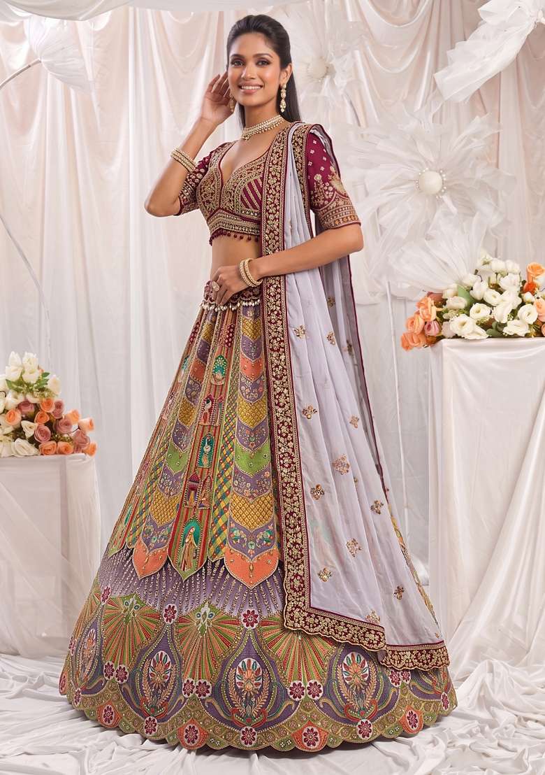 Maroon Embroidery Silk Lehenga Set - Indya