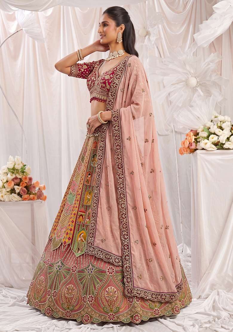 Red Embroidery Silk Lehenga Set - Indya