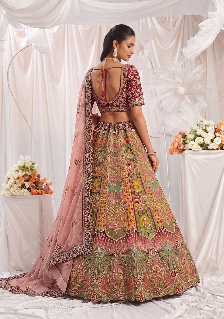 Red Embroidery Silk Lehenga Set - Indya