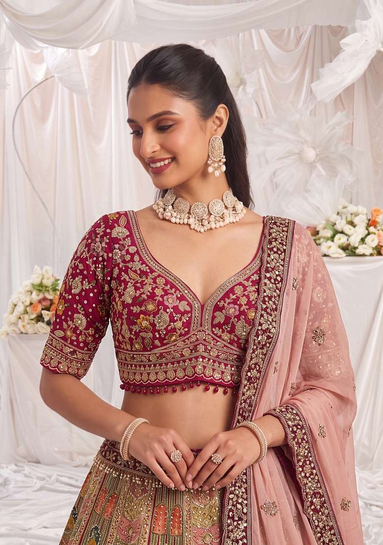 Red Embroidery Silk Lehenga Set - Indya