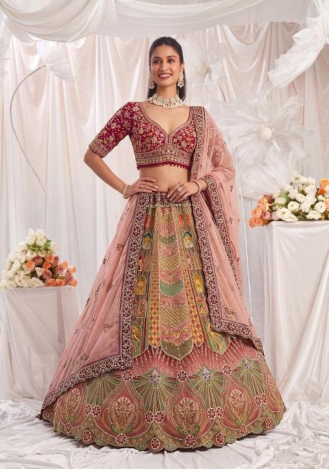 Red Embroidery Silk Lehenga Set