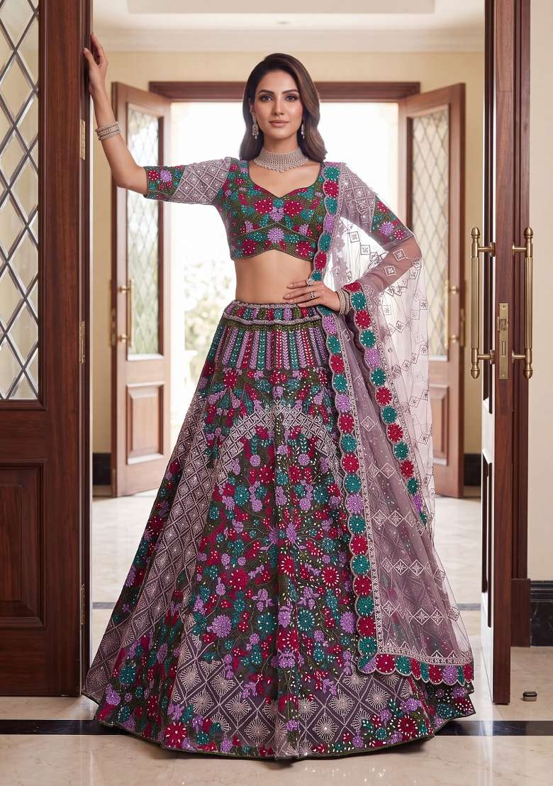 Purple Embroidery Net Lehenga Set - Indya