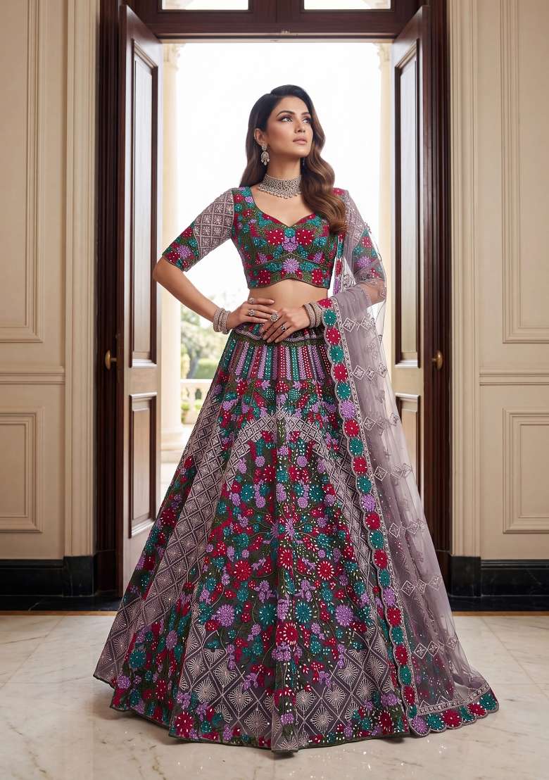 Purple Embroidery Net Lehenga Set - Indya