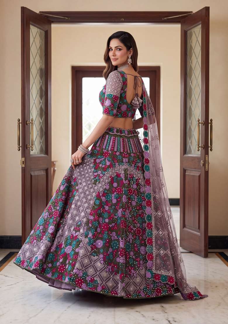 Purple Embroidery Net Lehenga Set - Indya